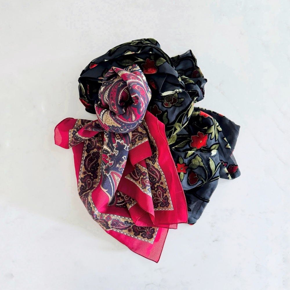 Vintage Black & Pink Floral Paisley Scarves